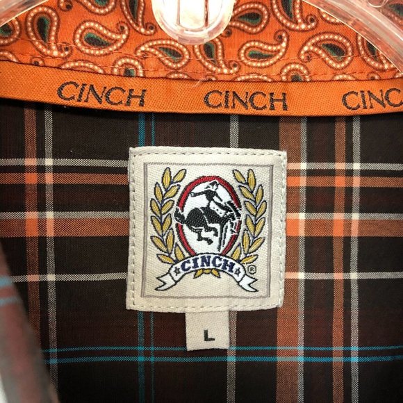Cinch Western Shirt L Large Button Up Long Sleeve Flip Cuff Plaid Logo Men's - Picture 6 of 12